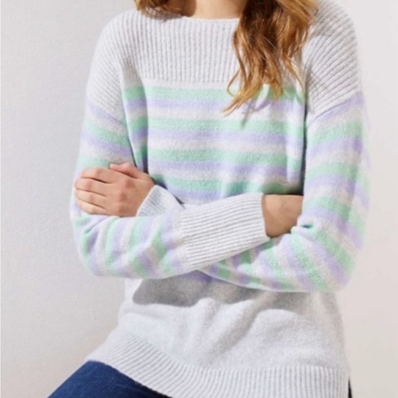 LOFT Sweaters - Loft ~ Wool Blend Striped Sweater Gray Purple Green Size Medium